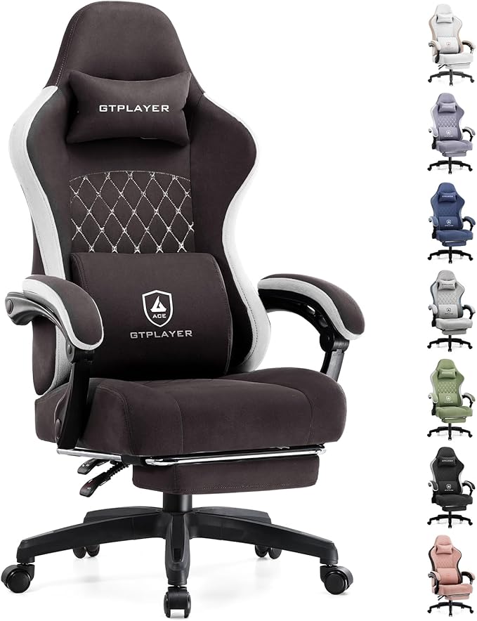 GTPLAYER Gaming Chair with Footrest Fabric Office Chair with Pocket Spring Cushion and Linkage Armrests High Back Ergonomic Computer Chair with Lumbar Support Task Chair Brown