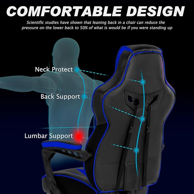 Vonesse Gaming Chairs for Adults Gamer Chair with Footrest and Massage Reclining Big and Tall Ergonomic Gaming Chair Computer Chairs for Heavy People 300LBS (Blue/Black)
