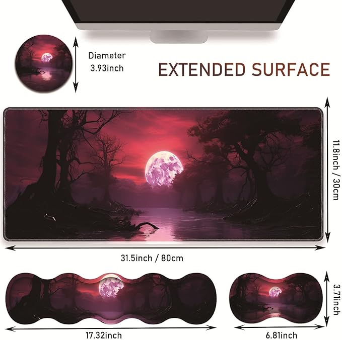 Large Gaming Table Pad 31.5 x 11.8 + Keyboard Wrist Pad + Mouse Wrist Pad + Coaster Non-Slip Base 4-in-1 Set Ergonomic Memory Foam Easy Typing Pain Relief Eerie Pink Purple Moon River