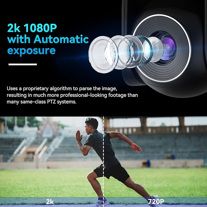 ROCWARE RC20 PTZ Camera [USB Output &amp AutoFocus] Video Conference Camera with 10X Optical Zoom 16X Digital Zoom [Low-Light &amp White Balance Correction] 2K 1080P Full-HD Live Streaming Webcam