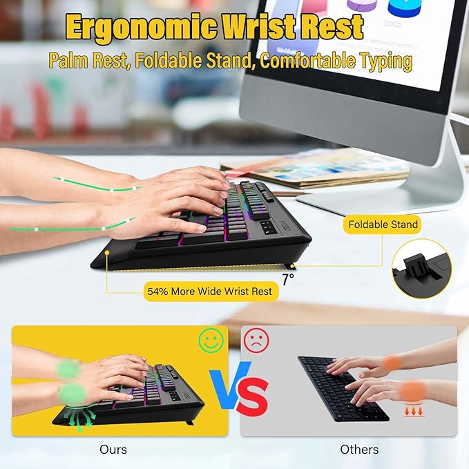 Wireless Bluethooth Gaming Keyboard8 RGB Backlit light upSilent Touch Less Noise 95%Ergonomic Wrist RestUSB C RechargeableTri-mode BT5.0/2.4GHz/WiredFor PC Computer/Mac/Laptop/IPad/Xbox/PS5