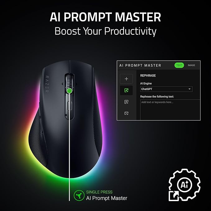 Razer Pro Click V2 Wireless Mouse: Right-Handed Ergonomic Design with Thumb Rest - AI Prompt - Long Battery Life - Multi Device Connectivity via 2.4GHz Bluetooth or USB C Wired Mode - Chroma RGB