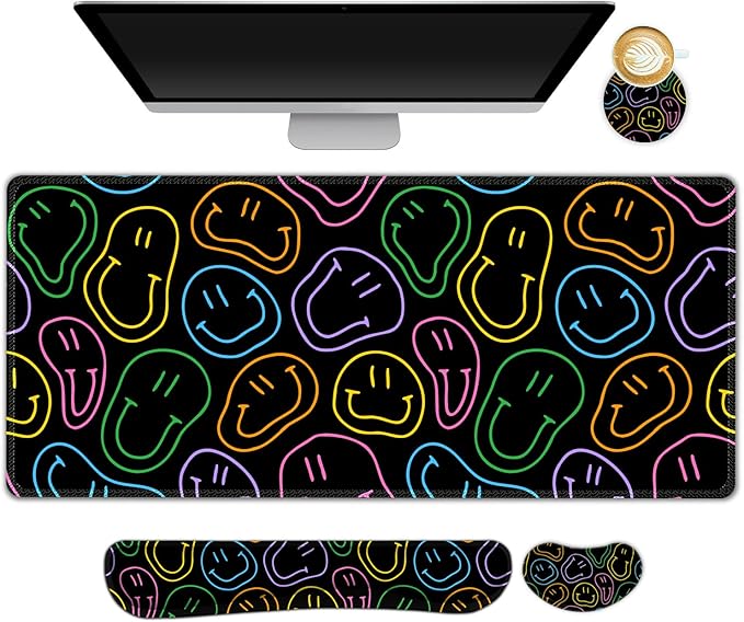 Large Gaming Mouse Pad Set 4 in 1 Extended Keyboard Desk Mat with Wrist Rest Computer Game Mousepad Non-Slip Desk Pad Protector Easy Typing Pain Relief for Home Office I Black Retro Hippie