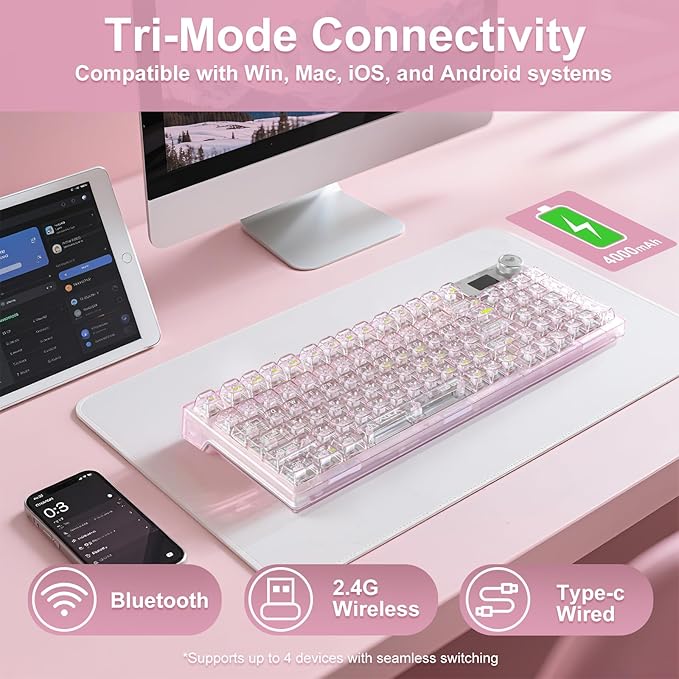 F98 Pro 95% Hot-Swappable Mechanical Keyboard – Transparent Keycaps RGB Backlit Gaming Keyboard Tri-Mode BT5.0/2.4G/USB-C OLED Display 4000mAh Battery Pink
