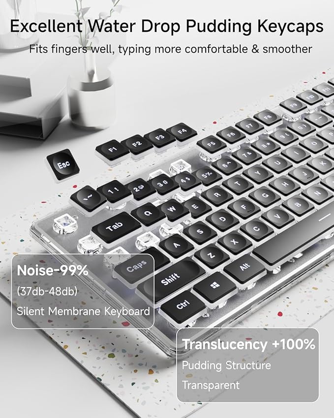 EWEADN GX710S Backlit Computer Keyboards Wired USB Keyboard with White Backlit Metal Panel Plug and Play Pudding Keycaps Full Size Quite Computer Keyboard for Win/PC/Laptop-Black