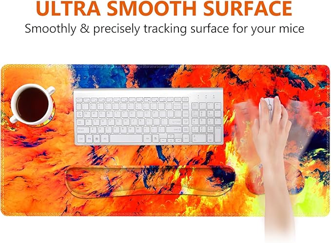 DINKY Keyboard Mouse Pad Set Large Gaming Mousepad + Memory Foam Ergonomic Keyboard Wrist Rest Support Easy Typing Pain Relief 4Pcs (35.4 x 15.7) Extended Desk Mat-Art Painting