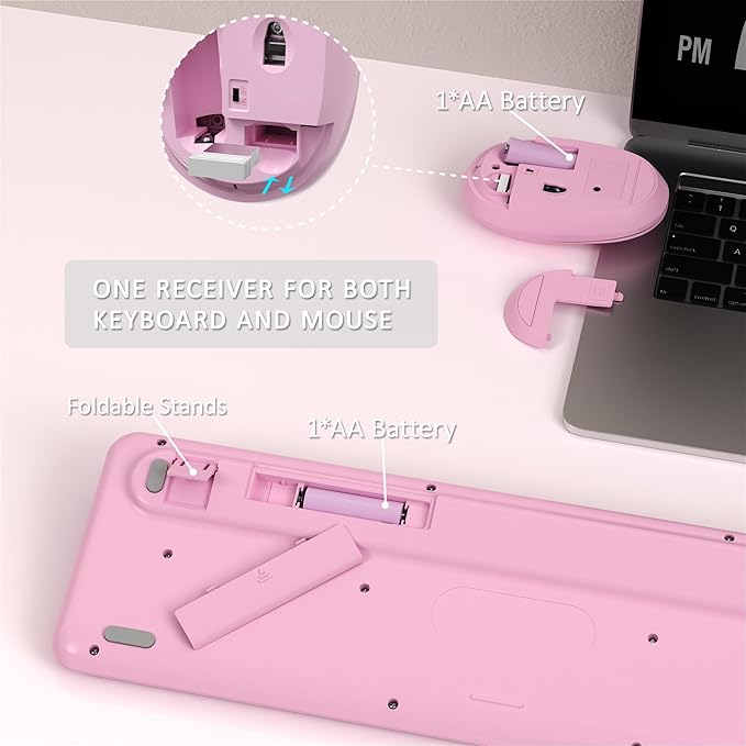 Colorful Wireless Keyboard and Mouse Combo COVEVA 2.4GHz Wireless Retro Cute Round Keycaps Keyboard 104 Keys Full-Sized Keyboard Mouse Set with Switch Button for PC Laptop Desktop (Pink Colorful)
