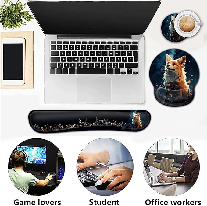 Ergonomic Gaming Mouse Pad Wrist Support and Memory Foam Keyboard Wrist Rest with Anti-Slip Base for Home Office Computer Desk Pad Gel Black Mouse Pad Easy Typing Cute Red Fox Animal Desk Mat