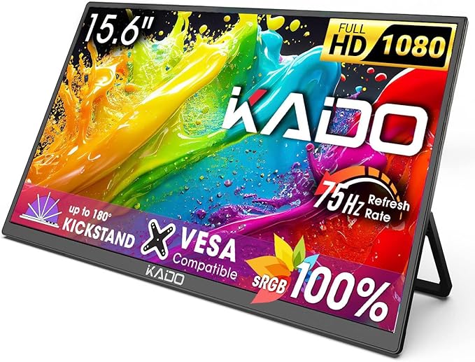 Kado 15.6 1080p 75Hz Portable Monitor for Laptop 100% sRGB FHD 45W Reverse Charge HDMI USB-C Second Display IPS Laptop Screen Extender 180° Kickstand for PC Mac Dex Tablet Xbox PS4/PS5 Switch