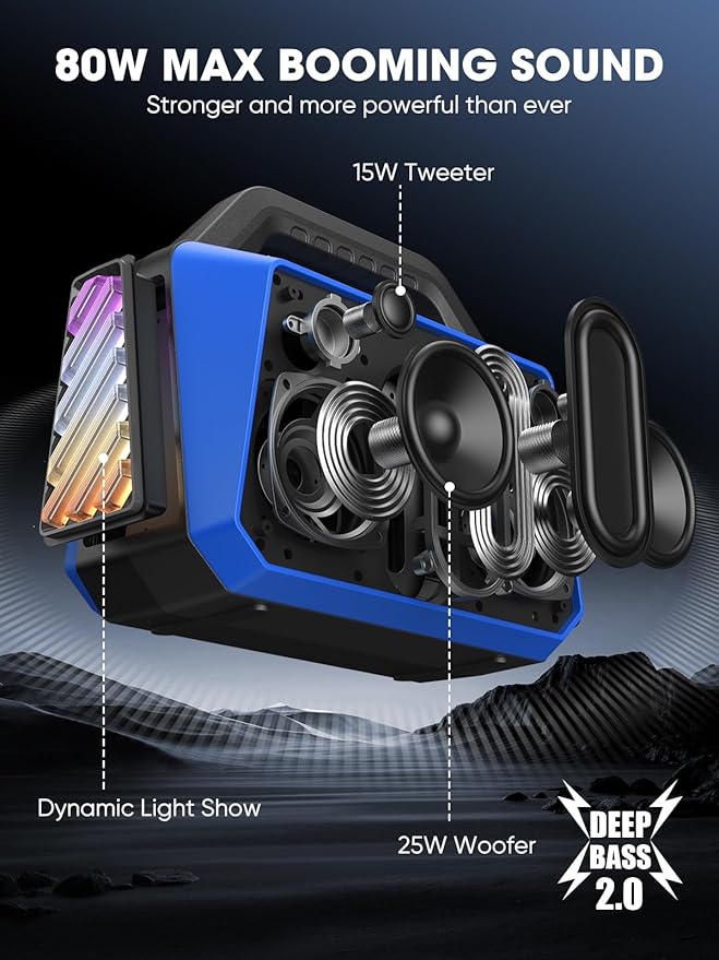 Portable Bluetooth Speakers Loud - Wireless Speaker 80W Peak Light Show 20H Playtime Strong Bass BT 5.3 TWS IPX6 Waterproof for Outdoor Travel Beach Camping - Blue