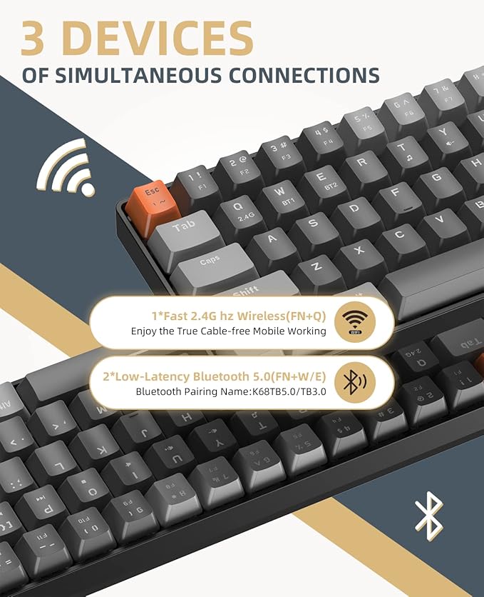 ZIYOU LANG RK68 60% Wireless Mechanical KeyboardBluetooth 5.0/2.4Ghz Dual Mode ReceiverHot-Swappable mini 68-KeyRetro Color KeycapsClicky Blue SwitchUltra Power Saving for PC PS4 Xbox iPhone ipad