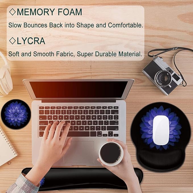 Keyboard Wrist Rest and Mouse Pad with Wrist Support Ergonomic Gel Mouse Pad Coaster Comfortable Lightweight for Easy Typing Pain Relief Memory Foam Keyboard Mousepad SetPurple Flowers