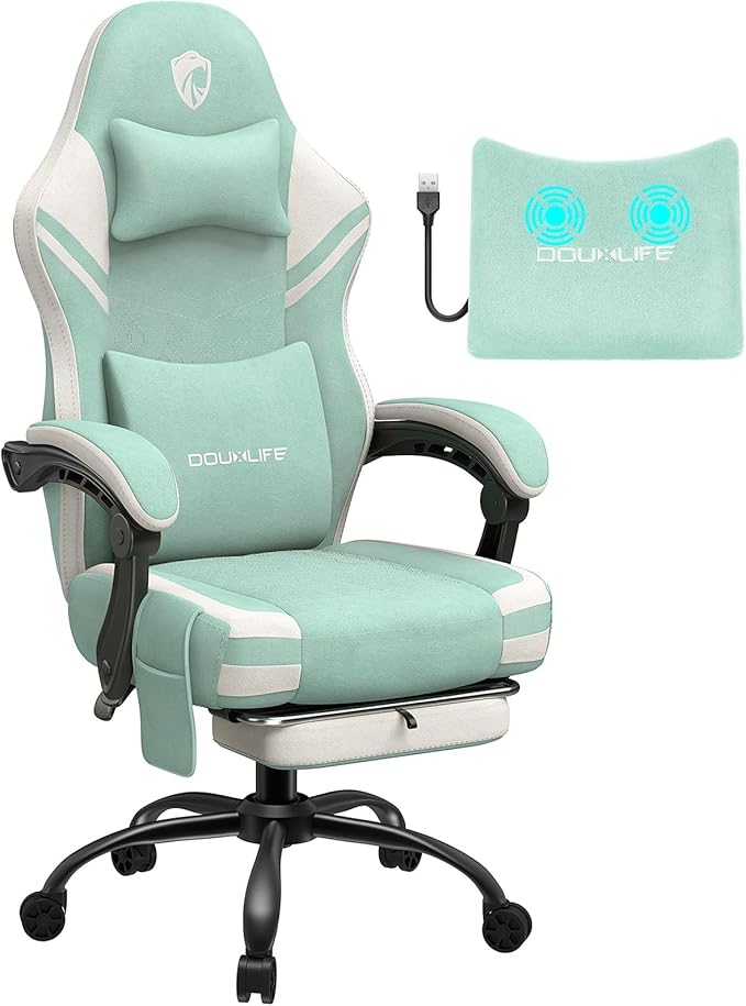 Gaming Chair Tech Fabric Computer Chair with Massage Office Chair with Pocket Spring Widened Cushion High Back Ergonomic Chair with Footrest Lumbar Support Upgraded Metal Legs 350LBS (Green)
