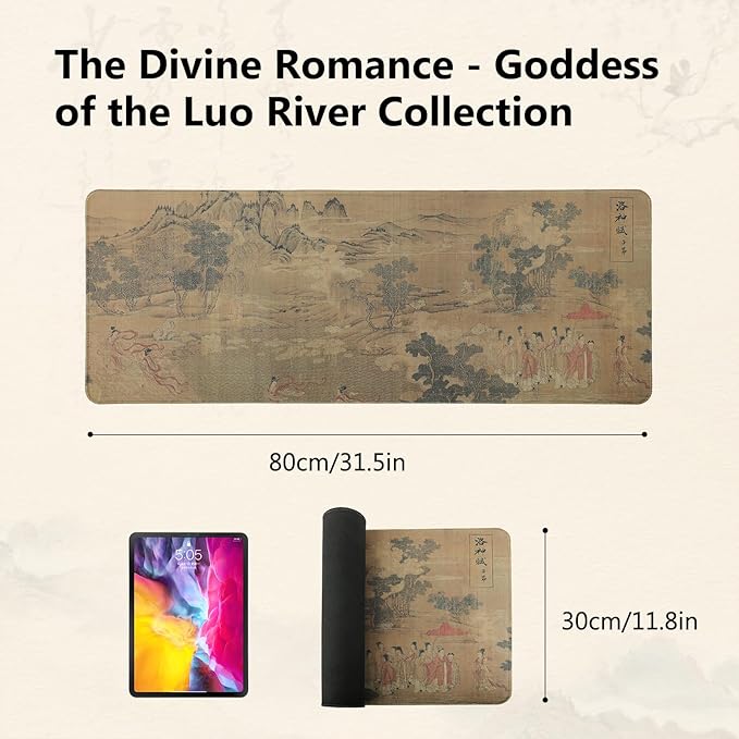 Chinese Style Famous Art Mouse Pad 31.5x12 Inches Non-Slip Rubber Base Waterproof Desk Mat for Office &amp Gaming (Extended XX-Large Ode to The Luo River Goddess (Chinese Myth Painting))