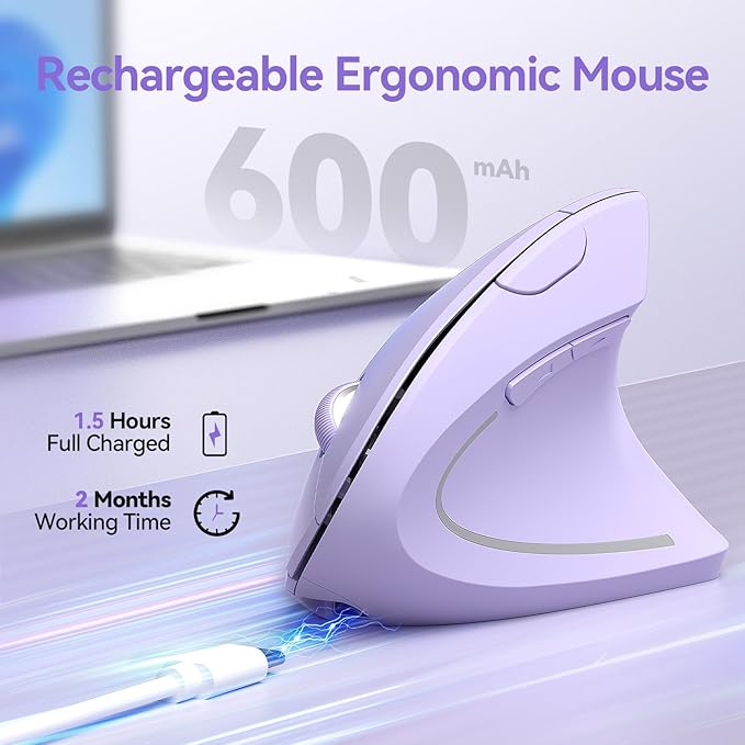 TECKNET Ergonomic Mouse Wireless Rechargeable Mouse Silent for Carpal Tunnel Right Hand 2.4GHz USB Vertical Mouse Wireless for Laptop 5 Adjustable 4800 DPI Computer MacBook Desktop