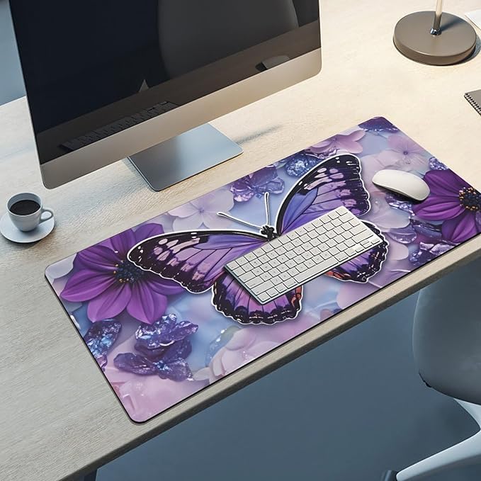 Purple Butterfly Floral Mouse Pad Large Desk Mat Extended Keyboard Mouse Pad with Non-Slip Base and Stitched Edge Mouse Mat Desk Pad 36x16 Mouse Pads for Desk Home Office Gaming