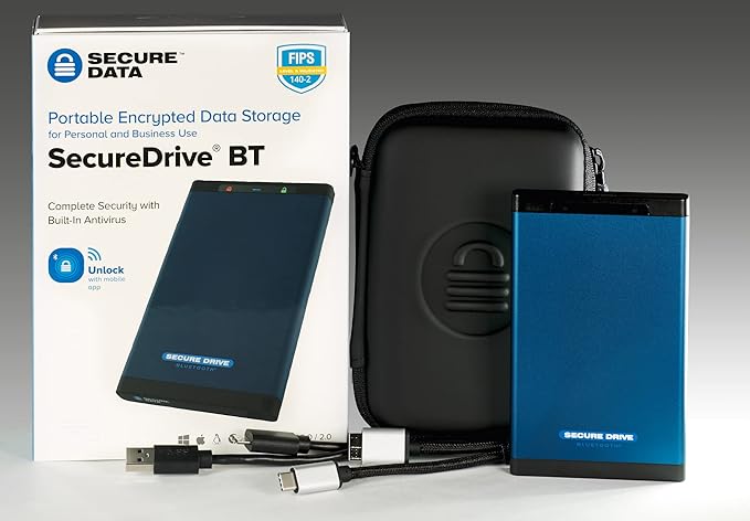 SecureData SecureDrive BT 2TB Hardware Encrypted USB 3.0 Ext Drive FIPS 140-2 Level 3 Unlock via Phone app TAA Compliant CJIS HIPAA CMMC GDPR Compliant Works with Mac and Win Free AV