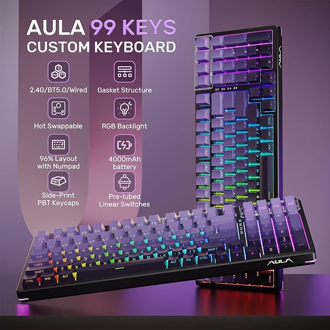 AULA F99S Mechanical Wireless Gaming Keyboard Tri-Mode Bluetooth/2.4G/USB-C Hot Swappable 99 Keys Custom Creamy Keyboard 99 Keys Full Size Computer Keyboards for PC Xbox PS5 etc (Purple Gradient)