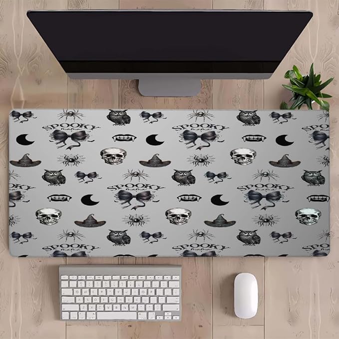 Grey Halloween Skull Owl Large Mouse Pad Gaming Mousepad Desk Mat for Desktop Computer Keyboard Waterproof Mouse Mat Desk Pad with Non-Slip Base for Game School Office Home 35.4 x 15.7