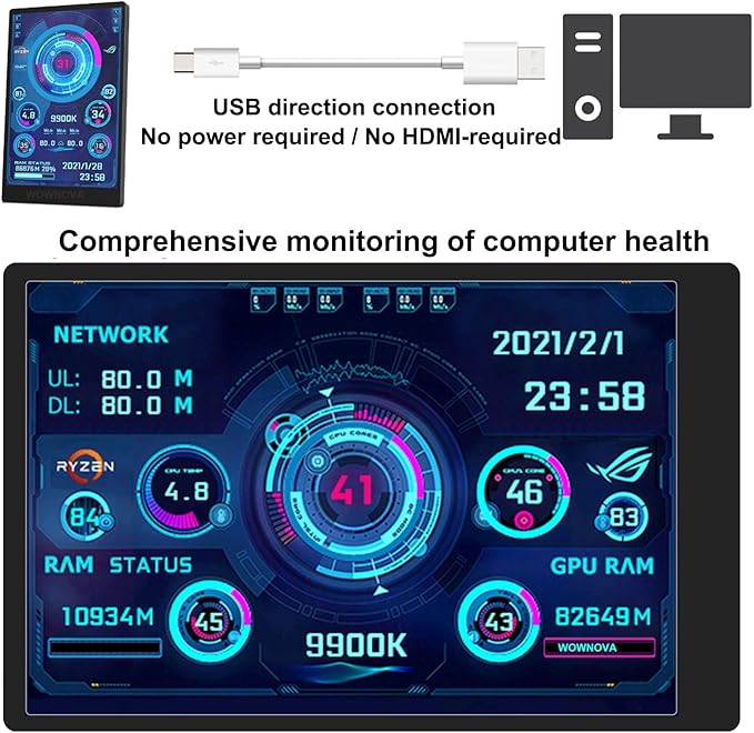 WOWNOVA English Version Computer Temp Monitor ARGB PC Case Display IPS USB Mini Screen CPU RAM HDD Data Monitor