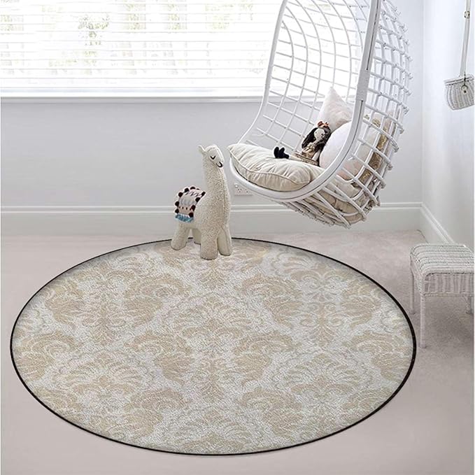 Beige White Round Rug for Bedroom Circular Area Rug Washable Throw Rugs Non-Slip Soft Floor Mat for Living Room Sofa Stylized Retro Swirl Flowers Pattern Diameter 59 in