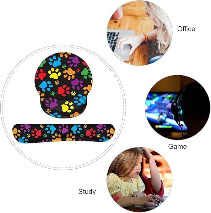 Keyboard Wrist Rest and Mouse Wrist Rest Pad Set with Coasters Non-Slip Rubber Base Ergonomic Gaming Mousepad for Home Office Working Studying Easy Typing &amp Pain Relief Multicolor Dog Paws