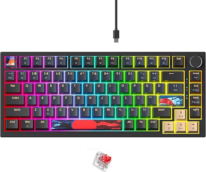 BlueSamurai 75% Wired Mechanical Gaming Keyboard - Hot Swappable Red Switch RGB Backlit 82 Keys TKL Mechanical Keyboard with Volume Control Knob