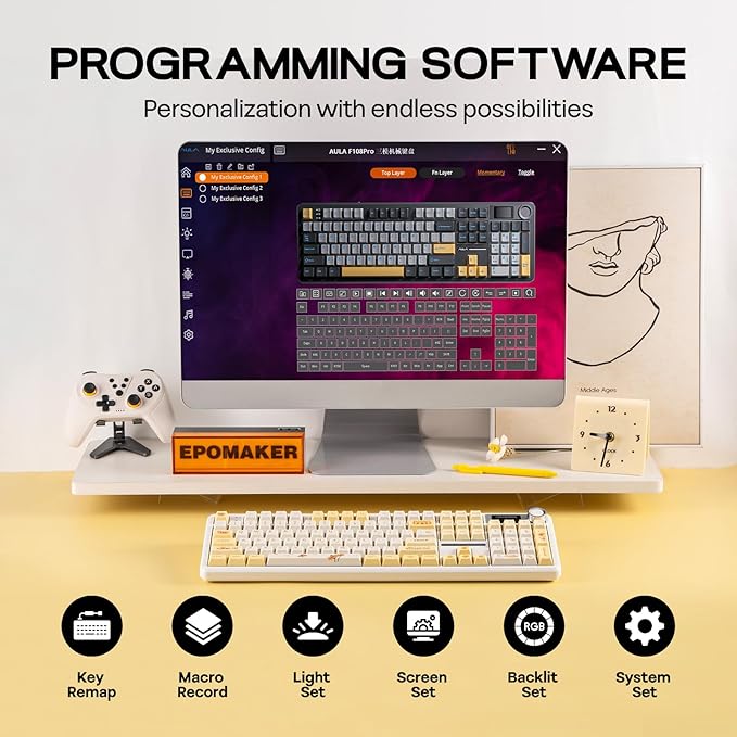 EPOMAKER X Aula F108 PRO Wireless Gaming Keyboard with Screen 8000mAh Battery 104 Hot-Swappable and Programmable Keys and Knob RGB Backlight for Mac/PC/Android (Grey&ampYellow)