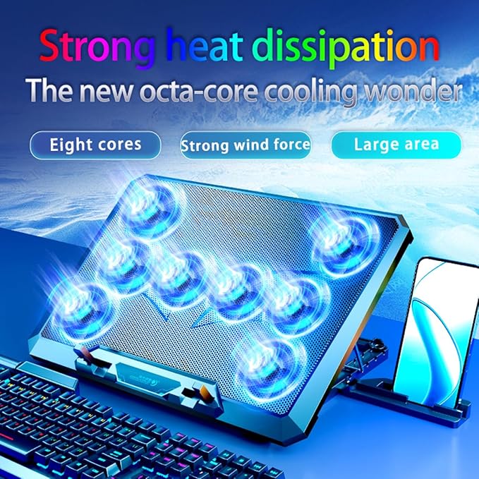 Laptop Cooling pad for Dell Latitude 16 7000 Gaming laptops Laptop Cooler with 8 Fans Adjustable Speed 5-Level Height Adjustment Mute SilentBuilt-in Phone Stand