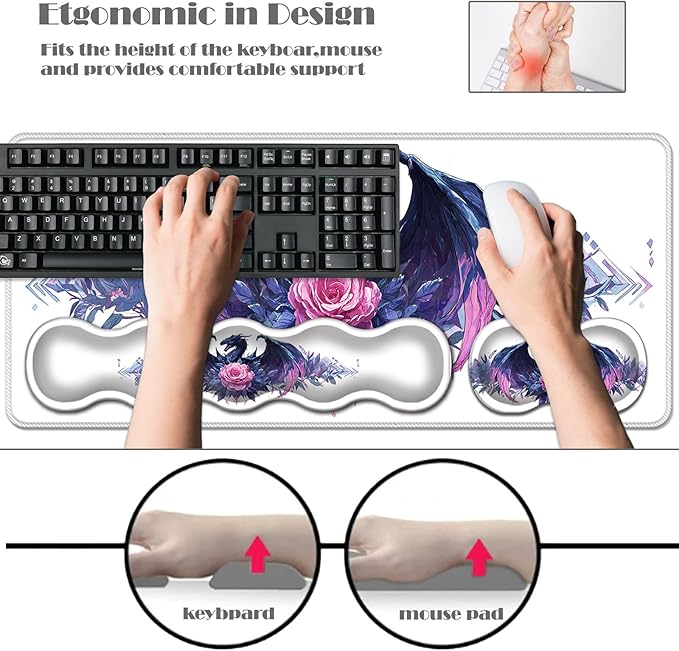 Ergonomic Keyboard Wrist Rest &amp Mouse Pad Wrist Rest SetXL Gaming Desk Mat 31.5x 11.8Non-Slip BaseMemory FoamEasy Typing Pain Relief for Office &amp HomeBlue Dragon with Pink Rose