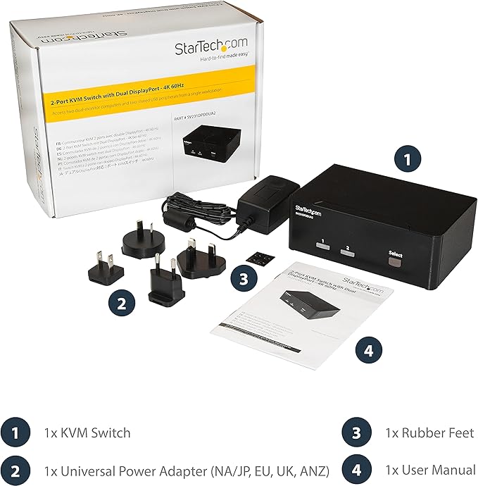 StarTech.com 2-Port DisplayPort KVM Switch - Dual-Monitor - 4K 60 - with Audio &amp USB Peripheral Support - DP 1.2 - USB Hub TAA (SV231DPDDUA2)
