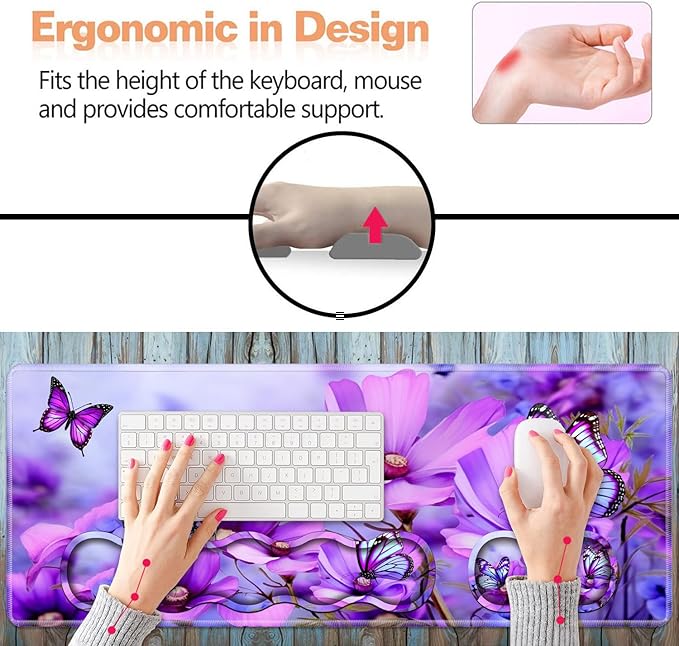 Ergonomic Keyboard Wrist Rest &amp Mouse Pad Wrist Rest Set Large XXL Gaming Desk Mat 31.5x 11.8 Non-Slip Base Memory Foam Easy Typing Pain Relief for Office &amp Home Purple Flowers and Butt