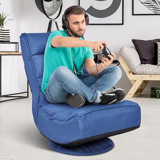 ERGOMASTER Reclining Folding Floor Gaming Chair for Home Office and Lounging Reading w/ 360-Degree Swivel 5 Adjustable Positions Tufted Cushions （Blue）