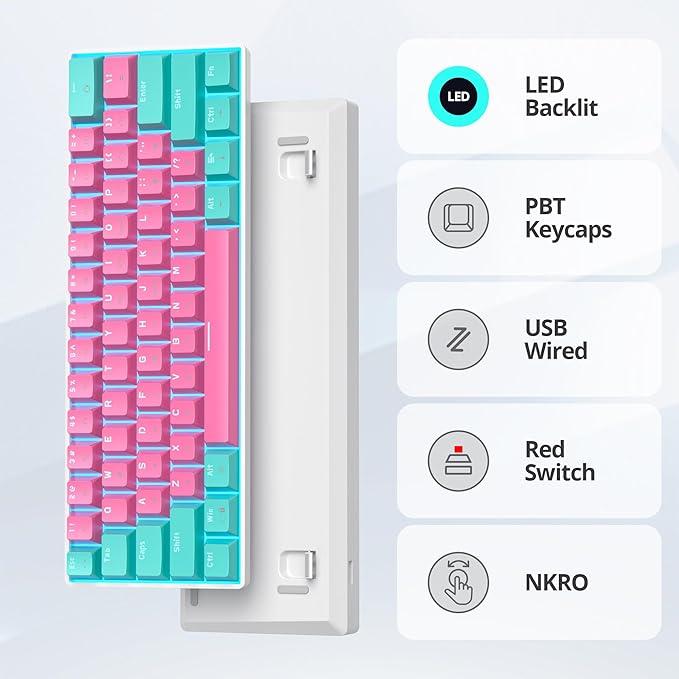 Portable 60% Mechanical Gaming Keyboard 60 Percent Red Switch LED Backlit 61 Keys Mini Pink USB Wired Office Keyboard for Windows Mac Laptop PC