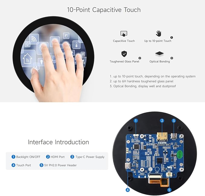 waveshare 4inch HDMI Round Touch Display 720 × 720 Resolution IPS 10-Point Touch Compatible with Raspberry Pi 5/4B/3B+/3A+/2B/B+/A+/Zero/Zero W/WH/Zero 2W Compatible with Jetson Nano and Mini PC