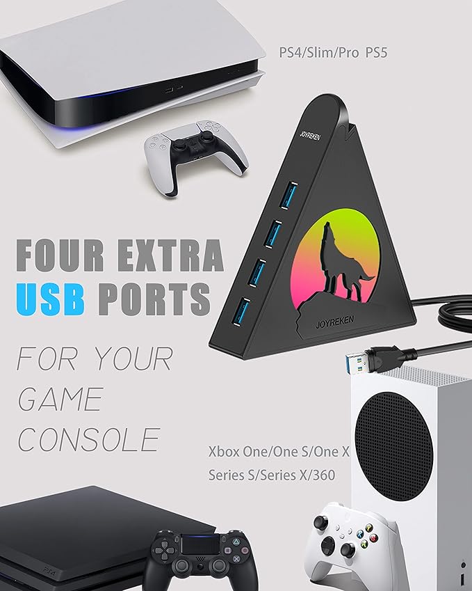 Powered USB Hub 3.0 6-Port Hub(4 USB 3.0 Data Ports + 2 Smart Charging Ports) with 48W AC Adapter RGB Wolf Light Compatible with PC Laptop Mac External Hard Drives PS4 Fast Charging for Phone