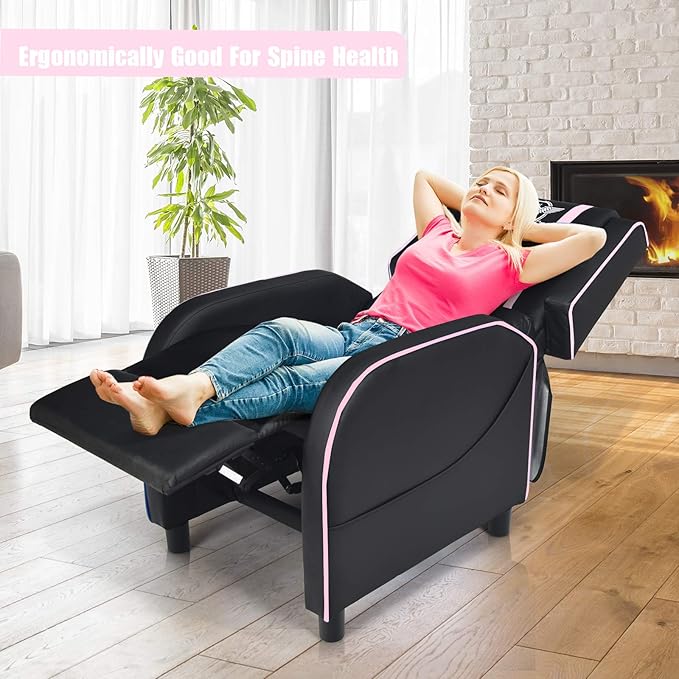 POWERSTONE Gaming Recliner Chair Reclining Gaming Chairs for Adults Ergonomic Leather Sofa with Footrest Lumbar Support Headrest and Side Pouch for Living Room Home Theater Pink
