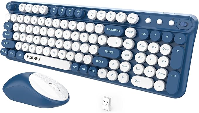 Wireless Keyboard and MouseCute Retro Typewriter Computer Keyboard and Mouse SetsFull SIze 2.4G Cordless Colorful Round Keycaps Keyboard with Silent Mouse for PC Window Laptop Home Office-White Blue