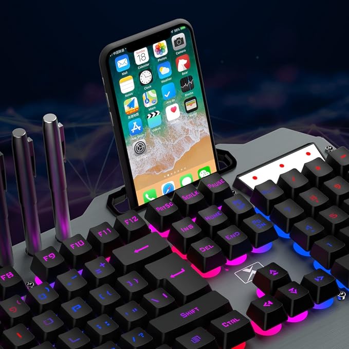 Wireless Gaming Keyboard and Mouse ComboRainbow LED Backlit Keyboard with Rechargeable 3800mAh Battery Metal PanelRemovable Wrist Rest Mechanical Feel and 7 Color Mute Gaming Mice for PC PS4 PS5