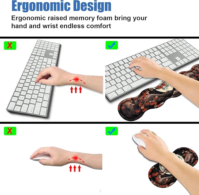 4 in 1 Ergonomic Memory Foam Mouse Pad Wrist Rest Set Large XXL Gaming Desk Pad + Keyboard Wrist Rest + Mouse Wrist Cushion + Coaster for Home Office Study Gaming Moon Peak Flowers