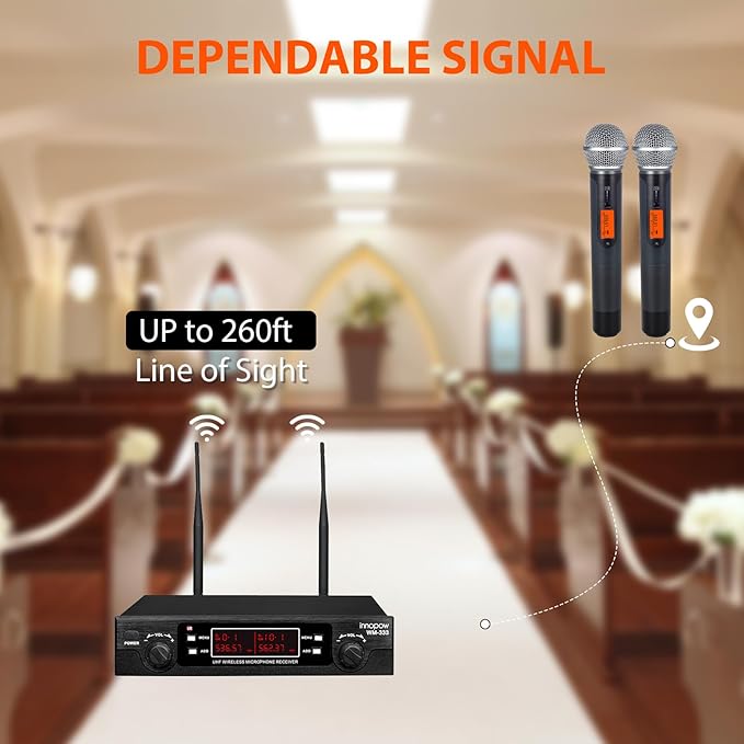 200-Channel Wireless Microphones System Dual UHF Metal Cordless Mic Set Auto Scan Long Range 200-240Ft16 Hours Use for Karaoke Singing Church 2022 Version(WM333)