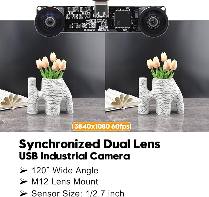 SVPRO Dual Lens USB Camera Module 1080P 60fps UVC Industrial Camera Board Synchronization Record in Color with Dual M12 LensDistortion-Free Wide Angle USB Board Camera for 3DVRBiometric Detection