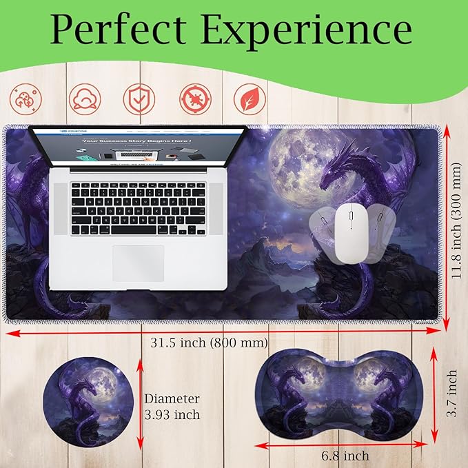 3-in-1 Large Mouse Pad Gaming Set (31.5 x 11.8 inch)+ Wrist Rest Pad + Coaster Memory Foam Gel Wrist Rest Pad for Pain Relief Stitched Edges Non-Slip Table Mat Starry Purple Dragon