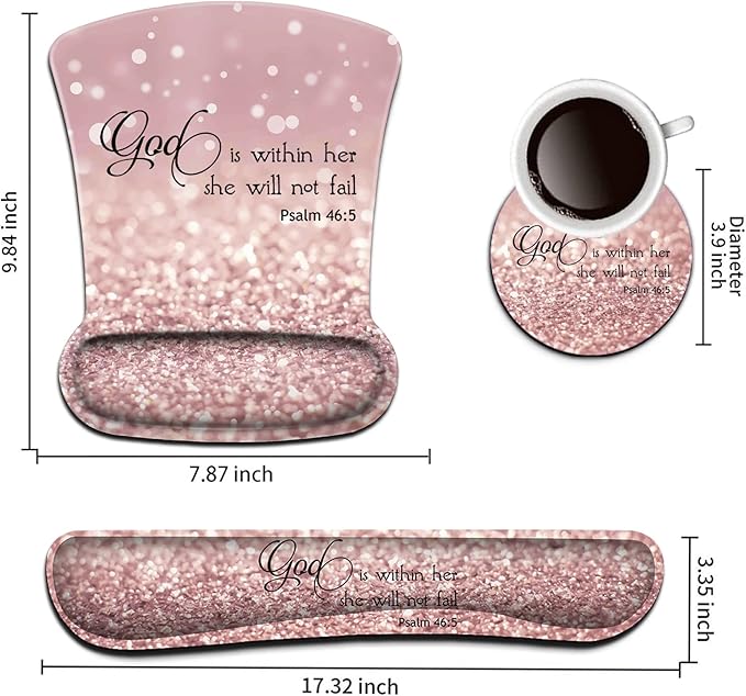 Keyboard Wrist Rest Pad and Ergonomic Mouse Pad Wrist Support Set Psalm 46:5 God is Within HerShe Will Not Fall Pink Design for Gaming Office Comfortable and Pain Relief with Coaster Set