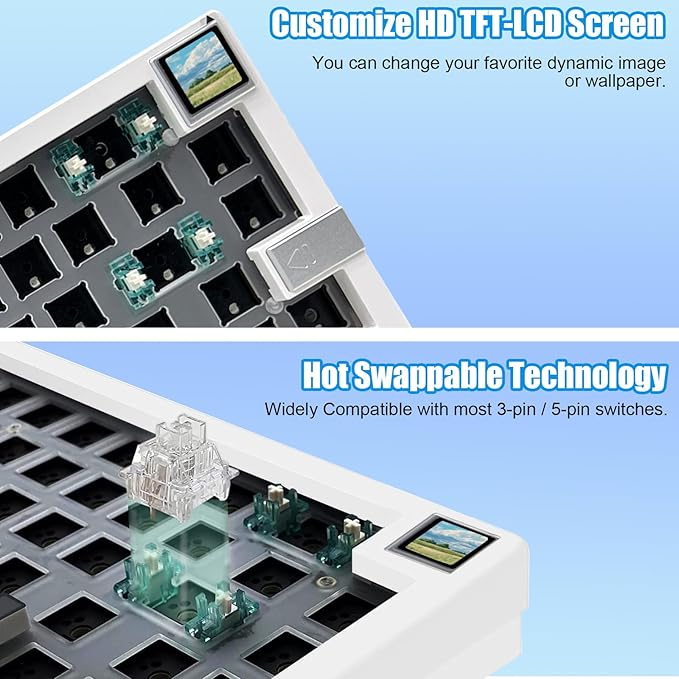 GMK67S Keyboard Barebones Kit65% Gasket Mount Hot Swap PCB Tri-Mode BT5.0/2.4G/Type-C Wireless Mechanical Keyboard with TFT-LCD Screen VIA Programmable Custom RGB Gaming Keybaord DIY Kit (White)