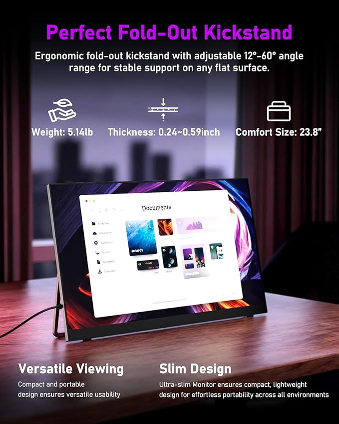 Yodoit Portable Monitor for Laptop 23.8 4K UHD Travel Gaming Monitor Screen IPS Display with USB Type C Port and Built-in Speakers with Cover Monitor Compatible with PC Xbox Black