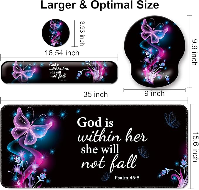 Mouse Pad + Desk Mat + Keyboard Wrist Rest + Coaster 4 in 1 Set Cute Ergonomic Large Gaming Mousepad with Wrist Rest Support Desk Pad for Computer Laptop Office Home Decor-Purple Butterfly