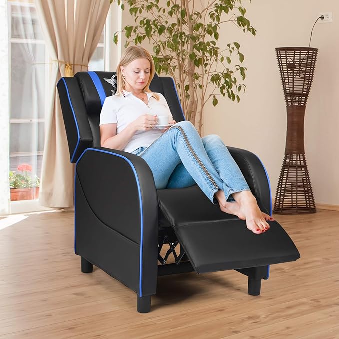 POWERSTONE Gaming Recliner Chair Reclining Gaming Chairs for Adults Ergonomic Leather Sofa with Footrest Lumbar Support Headrest and Side Pouch for Living Room Home Theater Blue