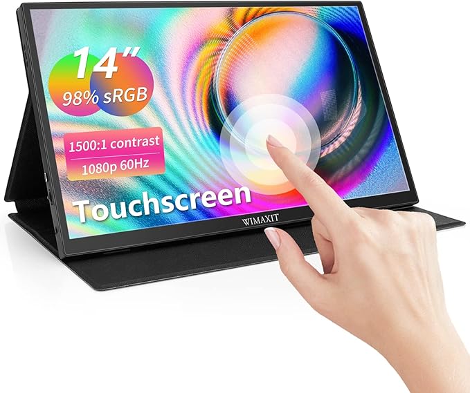 WIMAXIT 14 Portable Touch Monitor 1920x1080p Full HD Vesa Mount 98% sRGB Compatible with Laptop/PC/Game Console via HDMI/USB-C/3.5mm Audio Includes Cover Stand
