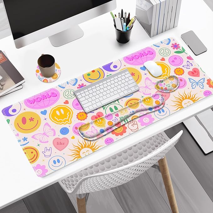 Large Gaming Mouse Pad Set 4 in 1 Extended Keyboard Desk Mat with Wrist Rest PC Computer Game Mousepad Set Non-Slip Desk Pad Protector Easy Typing Pain Relief for Home Office I Hippie Smile
